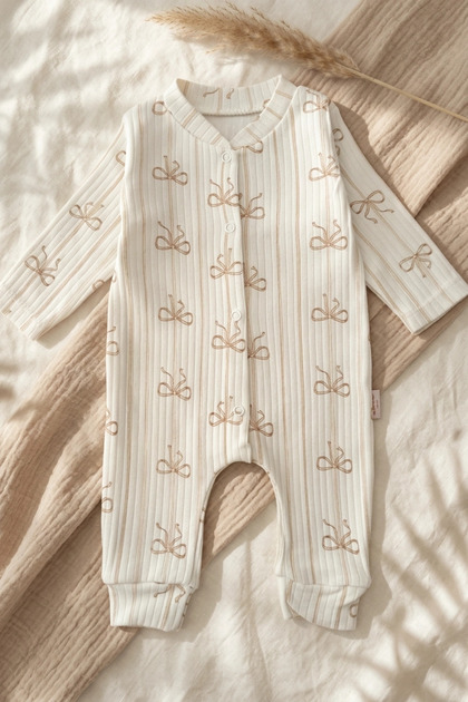 Brown Bow Patterned Fabric 100% Cotton Baby Boy Romper 3-6-9 Months