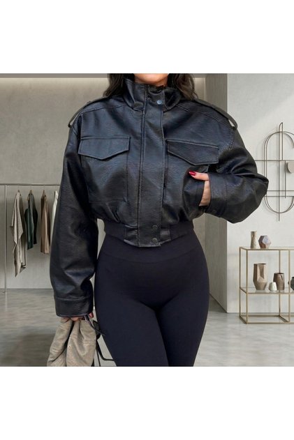 Agli̇mmer Women's Black Faux Leather Jacket with High Collar Apolete
