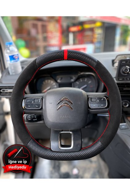 Citroen C5 Aircross Dikme Direksiyon Kılıfı Alcantara Süet Mat Karbon Kırmızı Yüzük ve Dikiş 2018-2022