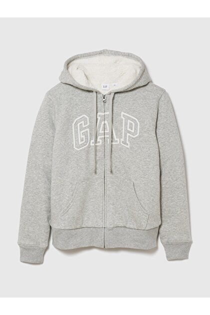 Kadın Gri Relaxed Logo Sherpa-Astarlı Fermuarlı Sweatshirt