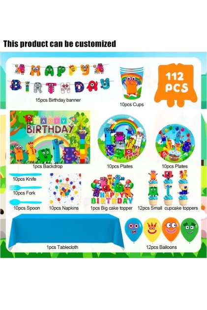 112Pcs Number Blocks Themed Birthday Party Set Serves 10 Guests, Disposable Tableware, Banner, Backdrop, Balloons, Cupcake Toppers, Tablecloth for Kids Birthday