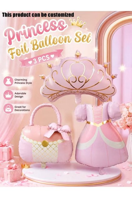 3Pcs Pink Princess Foil Balloon Set, Crown, Handbag & Princess Dress Shape Balloons, Girls Birthday Party Decor, Princess Theme Photo Booth Props