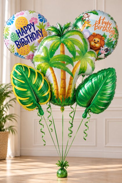 Safari Birthday Foil Balloon Set 5-Piece Palm Leaf Jungle Animals Party Decoration