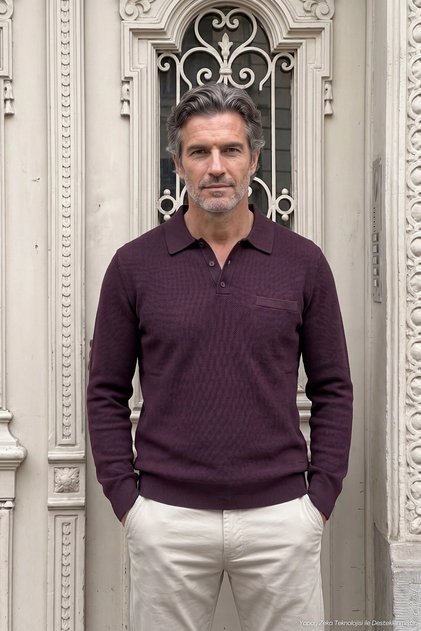 Men's Polo Collar Knitwear Cotton Claret Red Sweater Bird Eye Patterned Steel Knit Classic Fit - 5404F