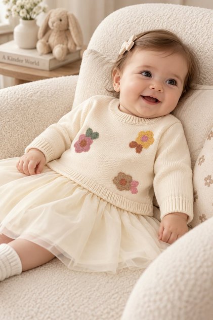 Newborn Baby Girl Floral Embroidered Knitwear Sweater Tulle Dress Set