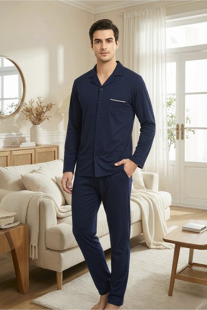 Men's navy blue long-sleeved button-down shirt collar pajama set, 100% cotton, hospital pajamas