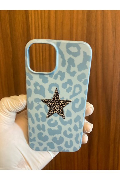 iPhone 13/14 Star Leopard Printed Velvet Inside Launch Silicone Phone Case (Blue Color)