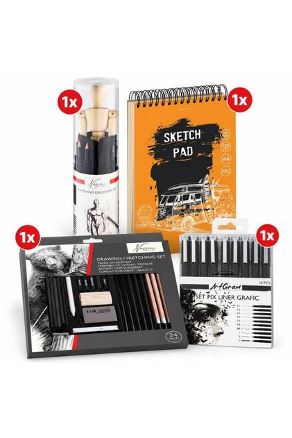 Set de schițe și desen artistic, creioane, creioane de contur, cărbune și accesorii