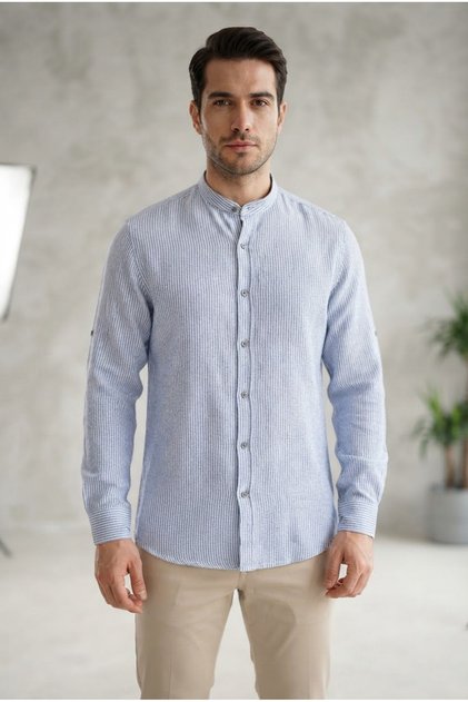 Men's Regular Fit Comfortable Cut Long Sleeve Stand Collar 100% Cotton Shirt