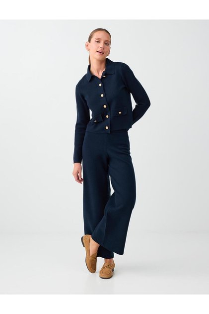 Navy Blue Relaxed Fit Regular Waist Wide Leg Knitwear Trousers
