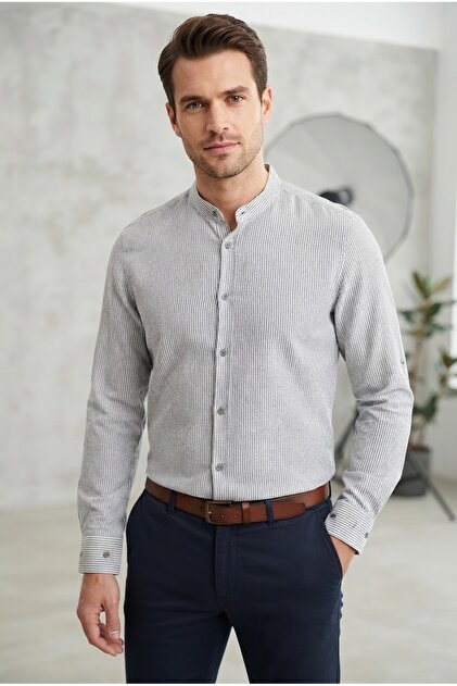 Men's Regular Fit Comfortable Cut Long Sleeve Stand Collar 100% Cotton Shirt