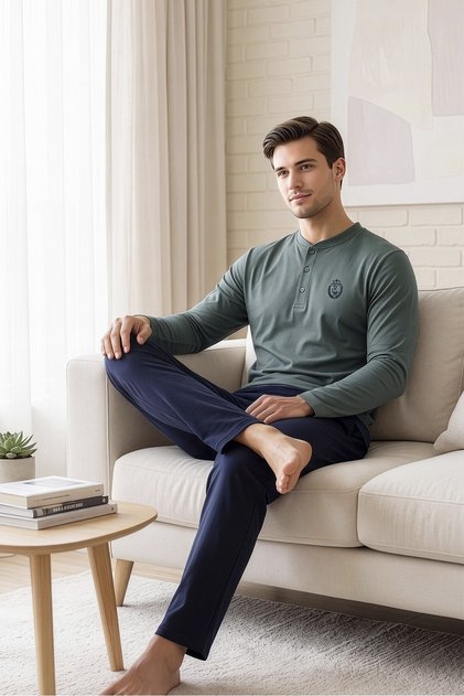 Men's 100% pure cotton green crew neck buttoned long sleeve pajama set