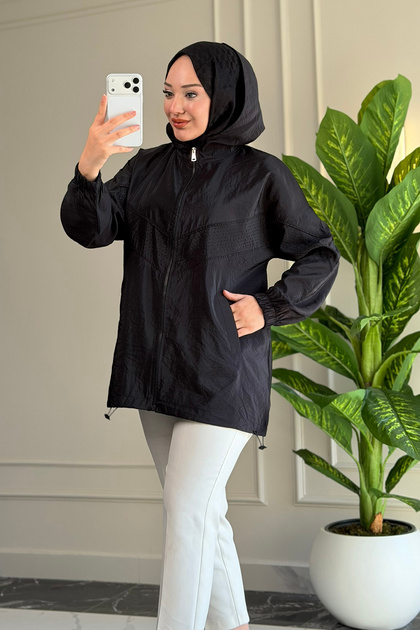6683 - Stylish, Comfortable, Loose-Fitting Peach Fabric Women's Hooded Jacket with Stone Detail