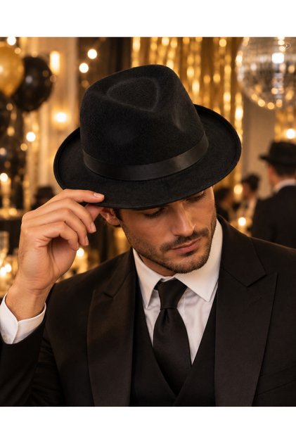 Pălărie Fedora neagră – Pălărie de costum pentru petrecere gangsterilor adulți, cu dungi negre