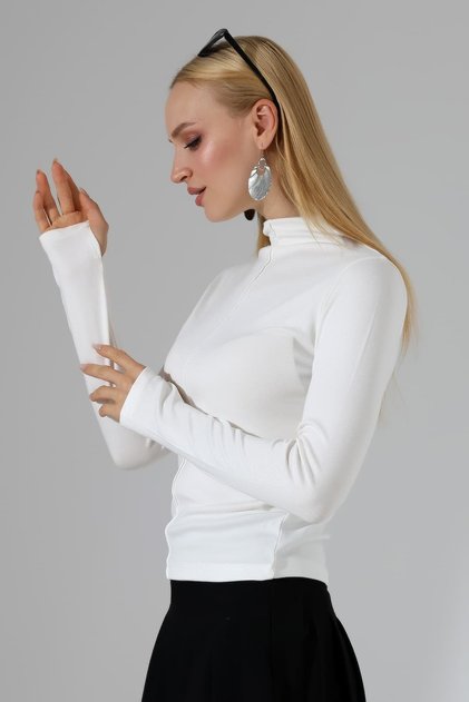 Women's Buzzy Ribbed High Neck Long Sleeve Finger-Looped Blouse
