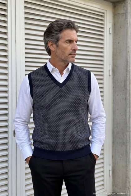 Men's V-Neck Navy Blue Sweater Straw Pattern Steel Knit Classic Pattern - 5441H