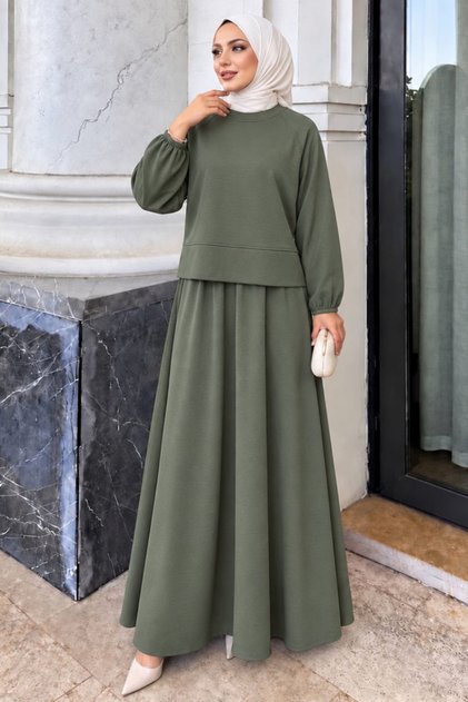 Stitching Detailed Oysho Fabric Light Khaki Hijab Skirt Suit 3011Ahk