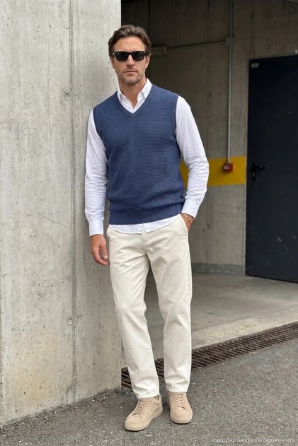 Men's V-Neck Indigo Sweater Cotton Knitwear Rice Patterned Steel Knit Classic Pattern - 5410H