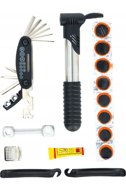 Kit de reparații bicicletă, Pompă, Petice, Chei, Geantă
