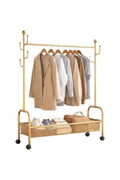Rolling Clothes Rack with Storage Basket and Side Hooks, Metal Garment Rack with Wheels, Portable Clothing Organizer for Bedroom, Laundry Room, Entryway and Closet, Gold Finish