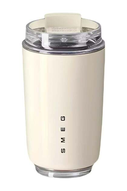 Smeg Travel Coffee Mug, 320ml Insulated Beverage Cup With Leakproof Lid, Long Lasting Coffee Tumbler With Lid And Straw, Travel Coffee Thermos Cream Color
