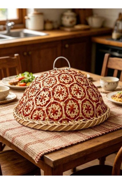 Food Dome Lid and Serving Tray Storage Plate Platter Rattan Wicker Woven Round Easy to Clean Home D