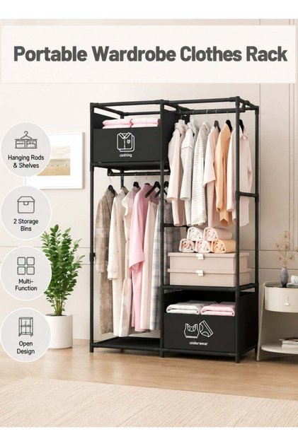 Portable Wardrobe Clothes Rack with Storage Bins, Multi Function Open Closet Organizer for Bedroom and Dorm, Freestanding Garment Rack with Hanging Space and 2 Fabric Storage Boxes, PP and Steel Pipe