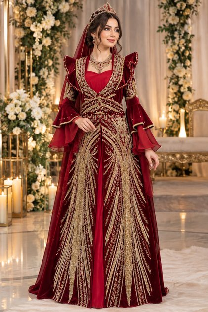 Red Gold Embroidered Velvet Kaftan with Bindall, Size 36-38