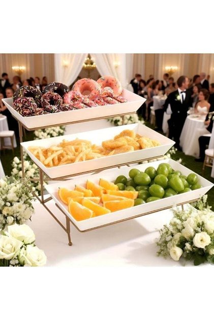 Buffet Serving Tray, 3 Tier Food Display Stand, Party Serving Platter with White Melamine Trays and