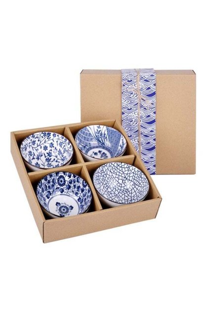 Set of 4 Japanese Style Ceramic Rice Bowl with Gift Box,Blue and White Pattern Bowls Set,Underglaze
