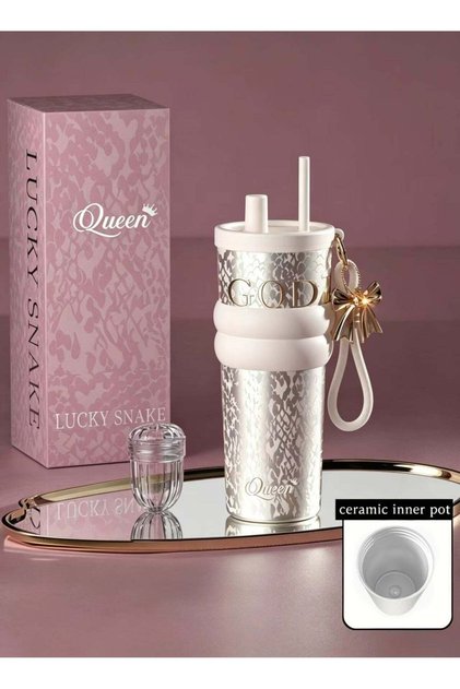 Queen Ceramic Lined Tumbler Thermos Cup, Travel Mug,Reusable Iced Coffee Cup,Thermos Cup With Straw,Insulated Leak Proof Travel Thermos Cup, Leak-Proof Hot & Cold Water Bottle-710ML