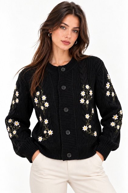 Black Floral Embroidered Knitted Buttoned Cardigan