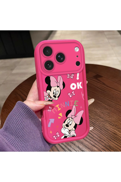 Pink Red Silicone Case Compatible with iPhone 17 Pro Max/18 Pro Max Shockproof Camera Protection Minnie and Bow Pattern