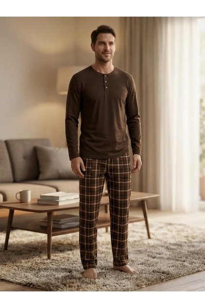 Men's Long Sleeve Three Button Collar Plaid Pattern 100% Cotton Winter Pajama Set