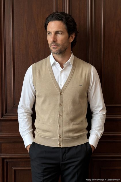 Men's Buttoned Wheat Vest with Thessaloniki Knit Pockets Classic Pattern - 5550L