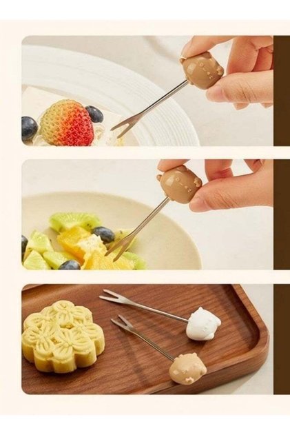 Fruit Fork with Cat Handle Design, 6Pcs Cat Handle Fork with Wood Base, Stainless Steel Cute Silverware Set for Fruits, Cheese, Cake, Salad, Appetizers, Gifts for Cat Lover