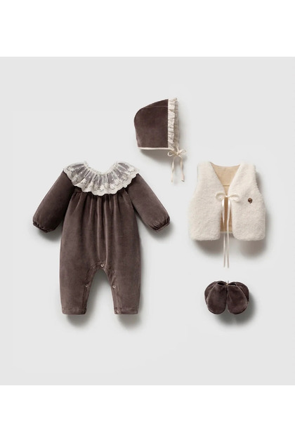 3/6 Months Baby Girl Brown Velvet Boxed Set of 4 (Gift)