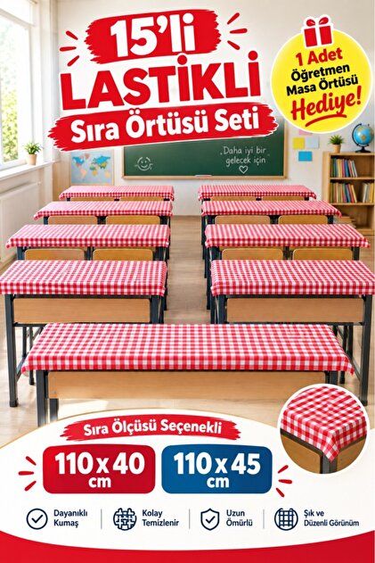 15 Adet Okul Sıra örtüsü Lastikli masa örtüsü pamuklu kumaş KIRMIZI pötikare