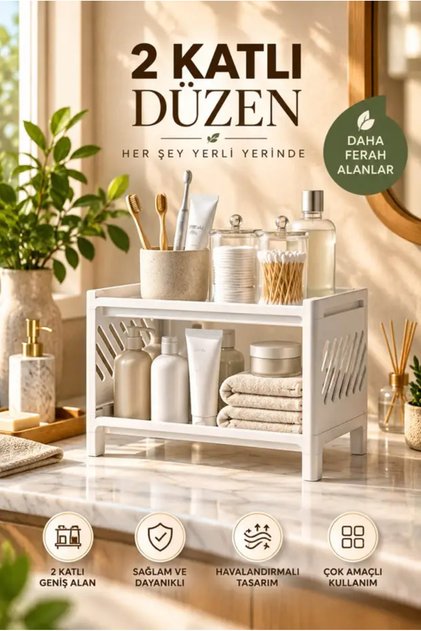 2 Katlı Çok Amaçlı Düzenleyici Raf Baharatlık Mutfak Banyo Tezgah Üstü Organizer