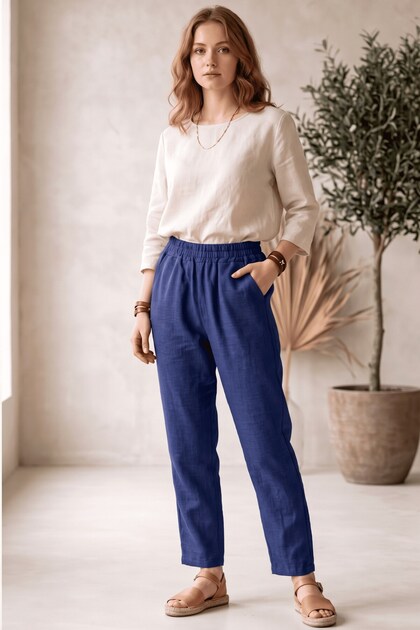 Pantaloni Sofia albastru închis cu aspect de in și talie elastică