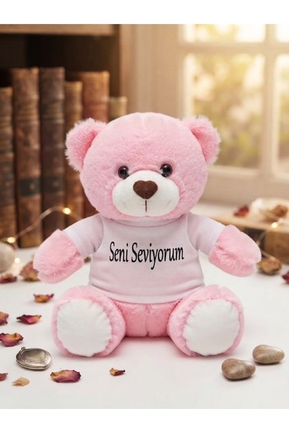 Romantik Pembe Peluş Ayı "Seni Seviyorum" Baskılı Tişörtlü Hediye Ayıcık