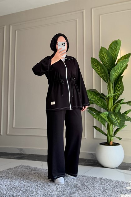 6721 - Stylish, Comfortable, Loose Viscose Soft Modal Fabric, Waist Drawstring Detail, Zippered Women's Set