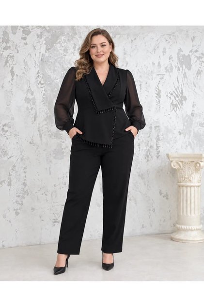 Women's Plus Size Black Double Breasted Collar Beaded Fringe Detailed Chiffon Sleeves Evening Dress Blouse Trousers Set Hzl26S-Trv15051
