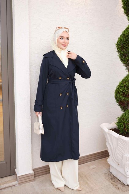 Navy Blue Double-Breasted Collared Buttoned Trench Coat