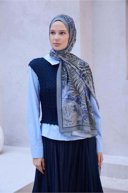 Fresh Çiçek Desen Gri Mavi Lacivert Sandy Şal 1478 - 27