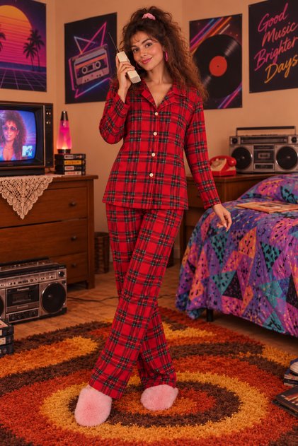 80's Model Red Color Suede Velvet Plaid Patterned Long Sleeve Front Buttoned Shirt Collar Casual Pajama Set