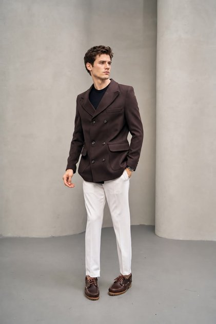 Men's Gray Double-Breasted Double-Button Blazer Coat