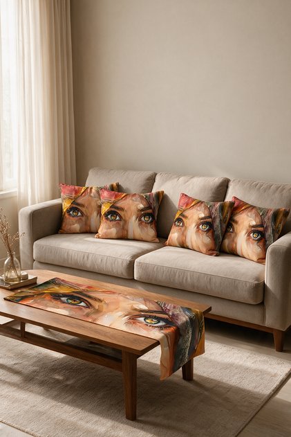 Artistic Woman's Face Double-Sided Printed Suede 5-Piece Lounge Set - 4 Cushion Covers 43X43 cm + Runner 140X40 cm