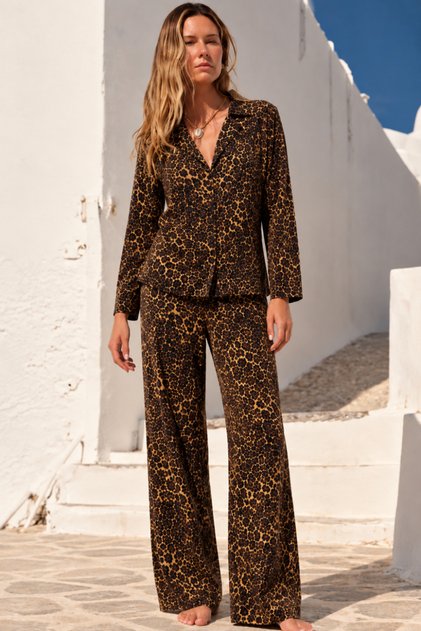 Women's Trend Leopard Long Sleeve Brown Pajama Set