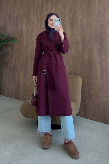 Mest Buckle Trench Coat Burgundy